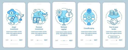 Startup investment onboarding mobile app page screen with linear concepts. Search investor for business walkthrough steps graphic instructions. UX, UI, GUI vector template with illustrations