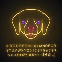 Labrador cute kawaii neon light character. Dog with smiling muzzle. Happy animal with squinting eyes. Funny emoji, emoticon. Glowing icon with alphabet, numbers, symbols. Vector isolated illustration