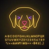 Labrador cute kawaii neon light character. Dog with smiling muzzle. Happy animal with squinting eyes. Funny emoji, emoticon. Glowing icon with alphabet, numbers, symbols. Vector isolated illustration