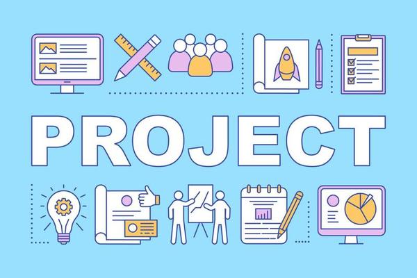 Project word concepts banner. Business planning. Startup training. Business incubator. Presentation, website. Isolated lettering typography idea with linear icons. Vector outline illustration