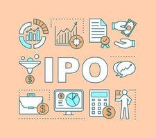 IPO word concepts banner. Initial public offering. Venture investing. Strategic management. Presentation, website. Isolated lettering typography idea with linear icons. Vector outline illustration