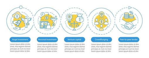 plantilla de infografía de vector de inversión de inicio. elementos de diseño de presentación de negocios. visualización de datos con cinco pasos y opciones. gráfico de línea de tiempo del proceso. diseño de flujo de trabajo con iconos lineales