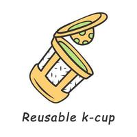 icono de color de copa k reutilizable. canje cero desperdicio. respetuoso con el medio ambiente, reciclando café de plástico, taza de té. cápsula de preparación de una sola porción. contenedor de bebidas calientes. material biodegradable ilustración vectorial aislada vector