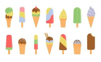gran conjunto de lindos helados de dibujos animados. ilustración vectorial de alimentos saludables para el menú de comida para llevar, bar o restaurante. vector