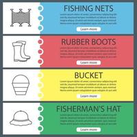 Fishing web banner templates set. Fishnets, bucket, rubber boots, fisherman hat. Website menu items. Vector headers design concepts