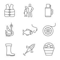 conjunto de iconos lineales de pesca. pescador, captura, cebo, anzuelo, bota de goma, señuelo, chaleco salvavidas, termo, sedal, balde con captura. símbolos de contorno de línea delgada. Ilustraciones de vectores aislados