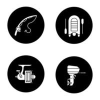 Fishing glyph icons set. Spinning rod and reel, motor boat. Vector white silhouettes illustrations in black circles