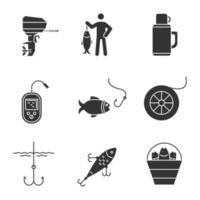 Fishing glyph icons set. Outboard boat motor, fisherman, thermos, echo sounder, fishhook, fishing line spool, lure, bucket with catch. Silhouette symbols. Vector isolated illustration