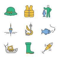 Fishing color icons set. Fisherman's hat, life jacket, catch, float, live bait, fishhook, boat, rubber boat, lure. Isolated vector illustrations