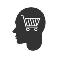 Human head with shopping cart glyph icon. Purchase. Silhouette symbol. Shopaholic. Negative space. Vector isolated illustration