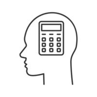 Human head with calculator inside linear icon. Counting service. Accountant. Thin line illustration. Contour symbol. Vector isolated outline drawing