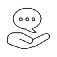 Open hand with speech bubble linear icon. Free chatting. Thin line illustration. Communication. Contour symbol. Vector isolated outline drawing