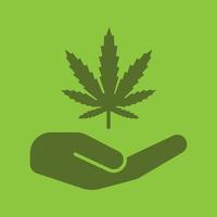 Open hand with marijuana leaf glyph color icon. Legalization of cannabis. Silhouette symbol. Availability of narcotics. Negative space. Vector isolated illustration
