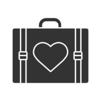 Travel luggage suitcase with heart shape glyph icon. Silhouette symbol. Journey. Negative space. Vector isolated illustration