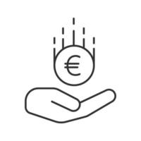 Open hand with euro linear icon. European Union currency. Thin line illustration. Saving money. Contour symbol. Vector isolated outline drawing.