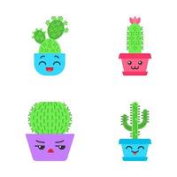 Cactuses flat design long shadow color icons set. Plants with smiling faces. Laughing Saguaro and prickly pear. Happy hedgehog home cacti in pots. Succulent plants. Vector silhouette illustrations