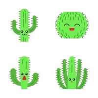 Cactuses flat design long shadow color icons set. Plants with smiling faces. Laughing barrel cactus. Astonished elephant wild cacti. Botanical garden. Succulent plants. Vector silhouette illustrations