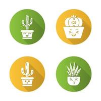Cactuses flat design long shadow glyph icons set. Laughing Saguaro and peyote cactuses. Kissing zebra home cacti. Hushed elephant cactus. Botanical garden. Succulents. Vector silhouette illustration