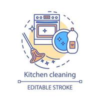 Kitchen cleaning concept icon. Home cleanup idea thin line illustration. Stove and sink washing. Mopping, wiping, dusting. Refrigerator defrosting. Vector isolated outline drawing. Editable stroke