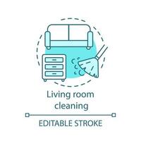 Living room cleaning concept icon. Home cleanup idea thin line illustration. Mopping, wiping, dusting. Clutter clearing. Sofa dry cleaning. Vector isolated outline drawing. Editable stroke