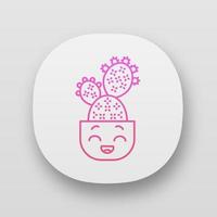 Prickly pear cactus app icon. Cactus with laughing face. Opuntia. Home paddle cacti in pot. Mexican happy plant. UI UX user interface. Web or mobile applications. Vector isolated illustrations