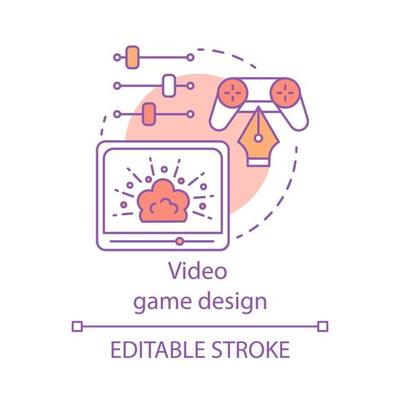 Video game design concept icon. Gamepad screen, controller, sliders. User interface creation. Change settings idea thin line illustration. Vector isolated outline drawing. Editable stroke