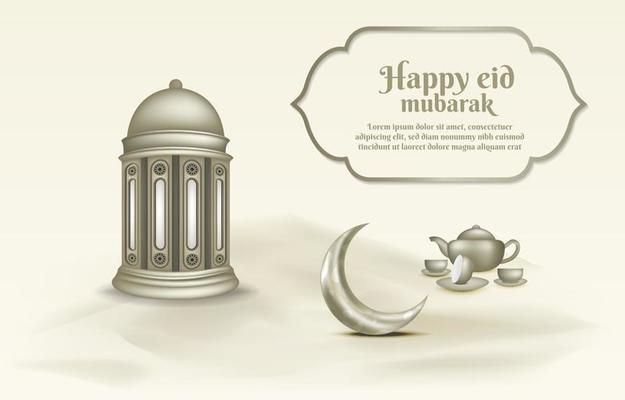 Islamic greeting eid mubarak card template, background with lantern and crescent moon