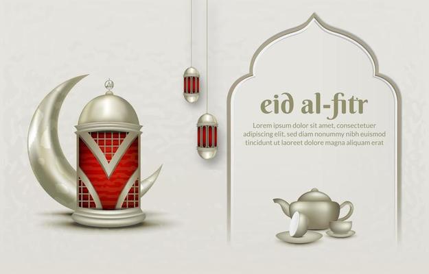 Islamic greeting eid mubarak card template, background with lantern and crescent moon