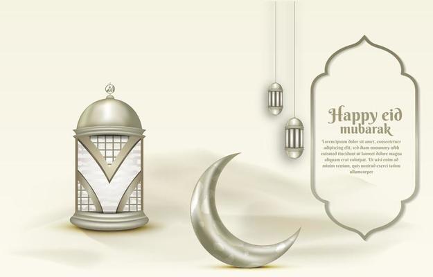 Islamic greeting eid mubarak card template, background with lantern and crescent moon