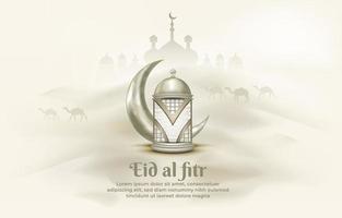 Islamic greeting eid mubarak card template, background with lantern and crescent moon vector