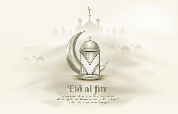 Islamic greeting eid mubarak card template, background with lantern and crescent moon