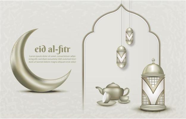 Islamic greeting eid mubarak card template, background with lantern and crescent moon