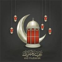 Islamic greeting eid mubarak card template, background with lantern and crescent moon vector