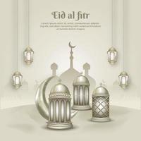 Islamic greeting eid mubarak card template, background with lantern and crescent moon vector