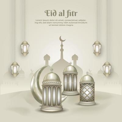 Islamic greeting eid mubarak card template, background with lantern and crescent moon