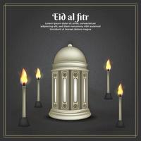 Islamic greeting eid mubarak card template, background with lantern and bamboo torch vector