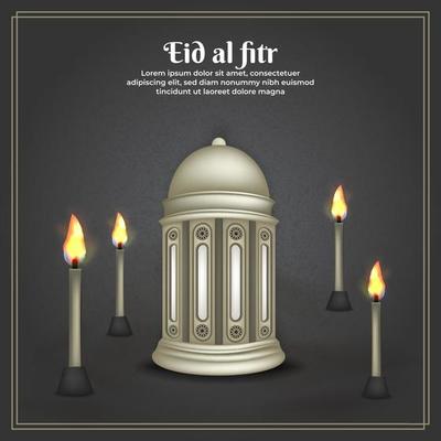 Islamic greeting eid mubarak card template, background with lantern and bamboo torch