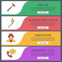 Firefighting web banner templates set. Fire axe, burning matchstick, firefighter, emergency call. Website color menu items. Vector headers design concepts