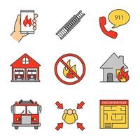 Firefighting color icons set. Emergency call, double extension ladder, fire station with engines, evacuation plan, assembly point, bonfire prohibition, burning house. Isolated vector illustrations
