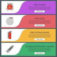 Firefighting web banner templates set. Alarm bag, fire hose, extinguisher, double extension ladder. Website color menu items. Vector headers design concepts