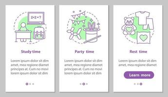 Study, party and rest time onboarding mobile app page screen with linear concepts. Daily student schedule steps graphic instructions. UX, UI, GUI vector template with illustrations