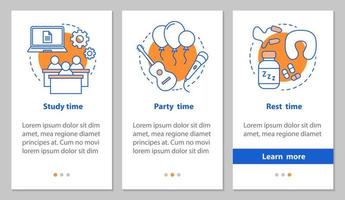 Study, party and rest time onboarding mobile app page screen with linear concepts. Daily student schedule steps graphic instructions. UX, UI, GUI vector template with illustrations