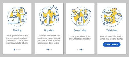Online dating onboarding mobile app page screen with linear concepts. Romantic relationships development steps graphic instructions. UX, UI, GUI vector template with illustrations