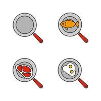 Frying pans color icons set. Fried fish, eggs and meat steak. Isolated vector illustrations