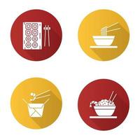 Chinese food flat design long shadow glyph icons set. Sushi, noodles, ramen, fried rice and chopsticks. Vector silhouette illustration