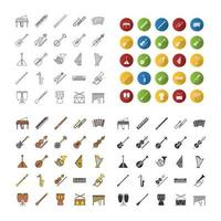 Musical instruments icons set. Orchestra equipment. Stringed, wind, percussion instruments. Linear, flat design, color and glyph styles. isolated vector illustrations