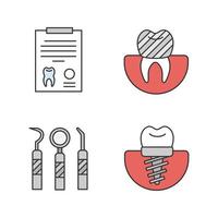 conjunto de iconos de colores de odontología. estomatología. informe de diagnóstico, implante dental y corona, instrumentos dentales. ilustraciones de vectores aislados