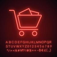 Shopping trolley neon light icon. Purchases. Glowing sign with alphabet, numbers and symbols. Vector isolated illustration
