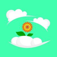 Sunflower illustration, surrounded by white clouds. Orange, Yellow, Green and White vector