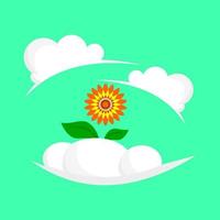 ilustración de girasol, rodeada de nubes blancas. naranja, amarillo, verde y blanco vector